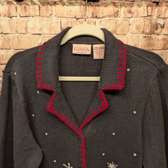 Basic Editions Holiday Cardigan Black with Holiday Embroidery Size XL - Picture 5 of 12